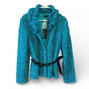 NWT Picadilly Fashion Turquoise Textured Blazer w/ Faux Leather Belt Size Small